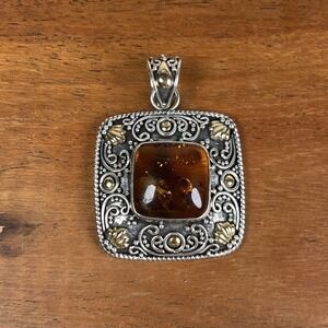 Vintage Suarti Bali BA Amber Pendant Sterling Silver 18K Square Filigree Scroll